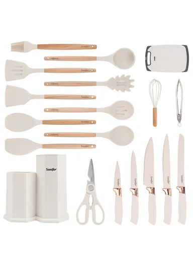 19-in-1 Kitchen Knife Set Include 11 PCS Silicone Cooking Utensils Set 5 PCS Sharp Stainless Steel Chef Knives Scissors, Cutting Board &amp; Storage Bucket - Beige