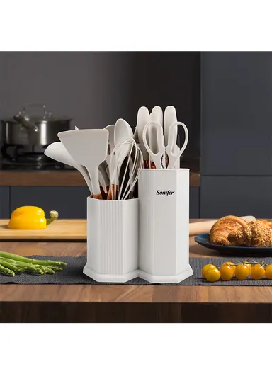 19-in-1 Kitchen Knife Set Include 11 PCS Silicone Cooking Utensils Set 5 PCS Sharp Stainless Steel Chef Knives Scissors, Cutting Board &amp; Storage Bucket - Beige