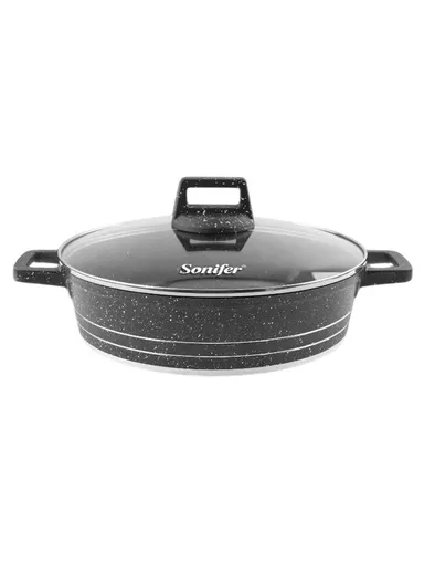 32cm 5.6L Granite Low Casserole Extra-Thick Base, Ceramic Nonstick Coating with Lid SF-1173-32 - Black