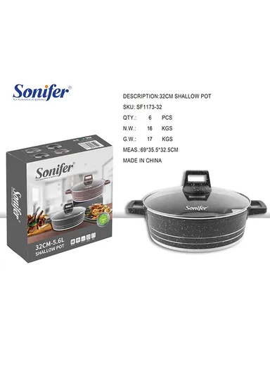 32cm 5.6L Granite Low Casserole Extra-Thick Base, Ceramic Nonstick Coating with Lid SF-1173-32 - Black