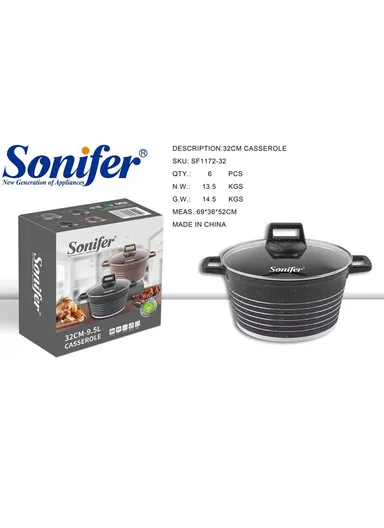 32cm 9.5L Granite &amp; Stainless Steel Casserole Non-Stick, High-Temperature Cooking with Glass Lid SF-1172-32 - Black