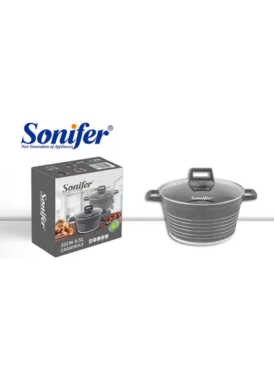 32cm 9.5L Granite &amp; Stainless Steel Casserole Non-Stick, High-Temperature Cooking with Glass Lid SF-1172-32 - Grey