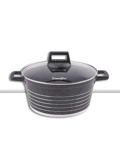 26cm 5.1L Granite &amp; Stainless Steel Casserole Non-Stick, High-Temperature Cooking with Glass Lid SF-1172-26 - Black &amp; Purple
