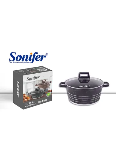 26cm 5.1L Granite &amp; Stainless Steel Casserole Non-Stick, High-Temperature Cooking with Glass Lid SF-1172-26 - Black &amp; Purple