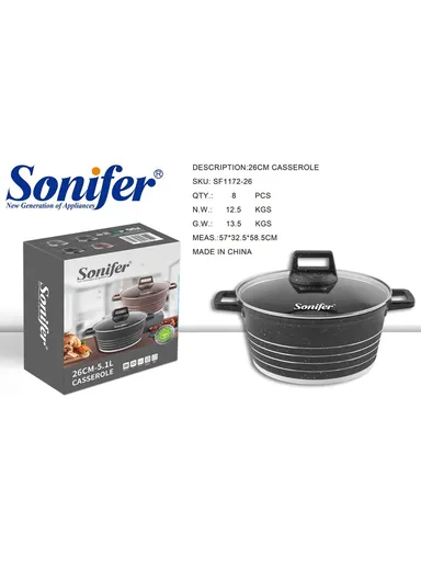 26cm 5.1L Granite &amp; Stainless Steel Casserole Non-Stick, High-Temperature Cooking with Glass Lid SF-1172-26 - Black