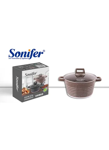 32cm 9.5L Granite &amp; Stainless Steel Casserole Non-Stick, High-Temperature Cooking with Glass Lid SF-1172-32 - Coffee