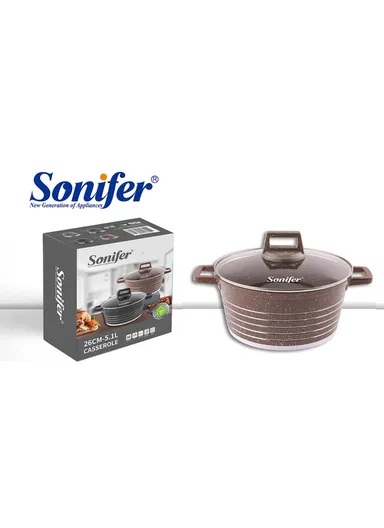 26cm 5.1L Granite &amp; Stainless Steel Casserole Non-Stick, High-Temperature Cooking with Glass Lid SF-1172-26 - Coffee