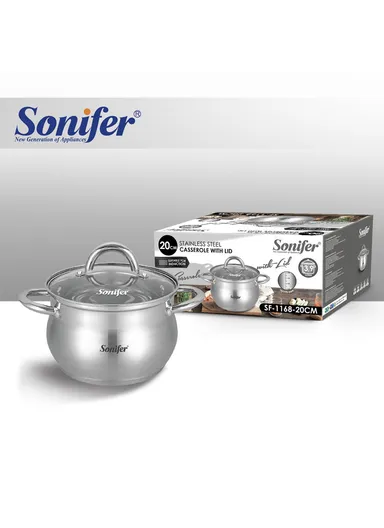 20cm 3.9L Stewpot Non-Stick Coating Stainless Steel Glass Lid, Ergonomic Handle SF-1168