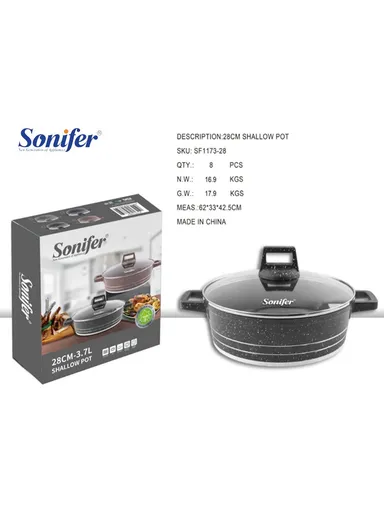 28cm 3.7L Granite Low Casserole Extra-Thick Base, Ceramic Nonstick Coating with Lid SF-1173-28 - Black