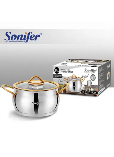 24cm 6.1L Stainless Steel Casserole Energy-Efficient, Glass Lid with Steam Vent SF-1157-24