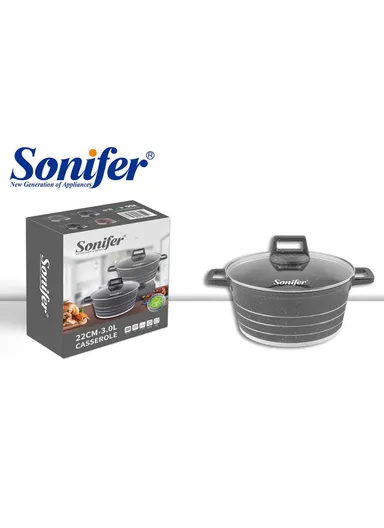 22cm 3L Granite &amp; Stainless Steel Casserole Non-Stick, High-Temperature Cooking with Glass Lid SF-1172-22 - Grey