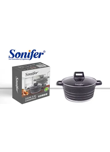 22cm 3L Granite &amp; Stainless Steel Casserole Non-Stick, High-Temperature Cooking with Glass Lid SF-1172-22 - Black &amp; Purple