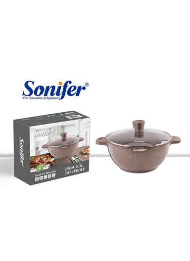 28cm 6.3L Wear-Resistant Non-Stick Granite Casserole with Glass Lid SF-1122-28cm (D28 x H13)cm - Coffee