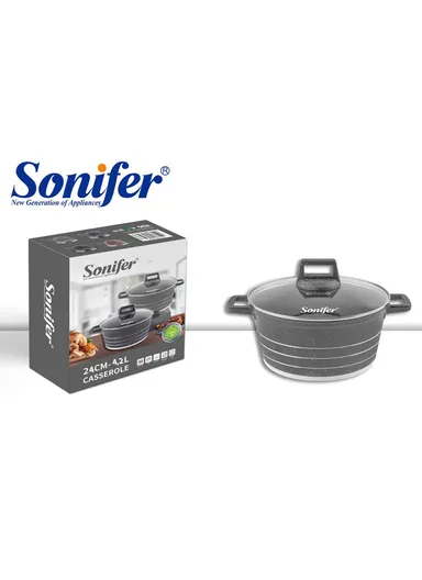 24cm 4.2L Granite &amp; Stainless Steel Casserole Non-Stick, High-Temperature Cooking with Glass Lid SF-1172-24 - Grey