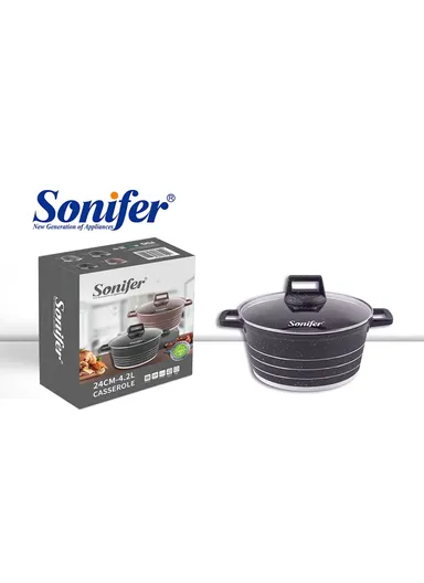 24cm 4.2L Granite &amp; Stainless Steel Casserole Non-Stick, High-Temperature Cooking with Glass Lid SF-1172-24 - Black &amp; Purple