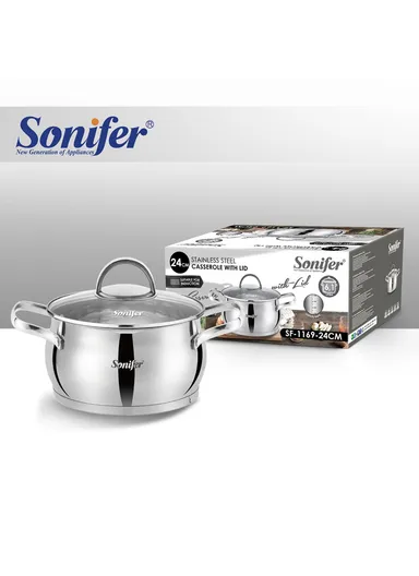 24cm 6.1L Stewpot Non-Stick Coating Stainless Steel Glass Lid, Ergonomic Handle SF-1169