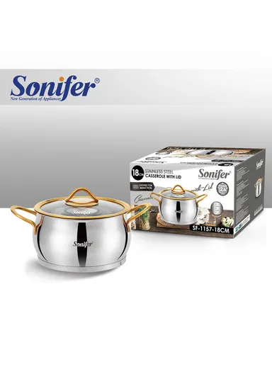 18cm 2.6L Stainless Steel Casserole Energy-Efficient, Glass Lid with Steam Vent SF-1157-18 