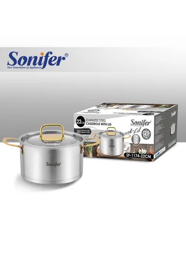 22cm 4.7L Stewpot Non-Stick Coating Stainless Steel Glass Lid, Ergonomic Handle SF-1174