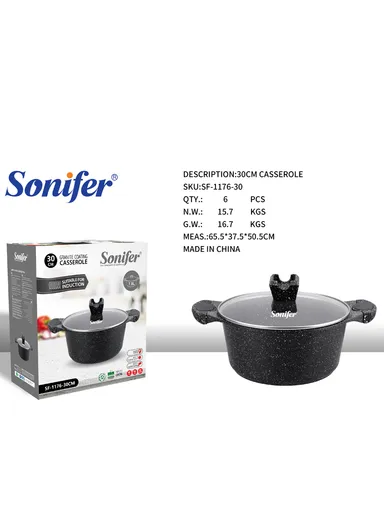 30cm 7.3L Granite &amp; Stainless Steel Casserole Non-Stick, High-Temperature Cooking with Glass Lid SF-1176-30