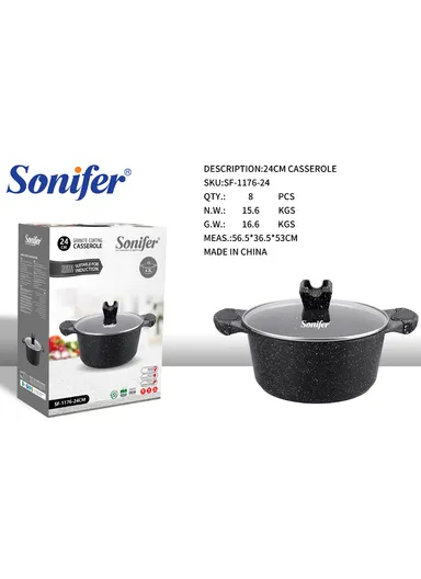 24cm 4.3L Granite &amp; Stainless Steel Casserole Non-Stick, High-Temperature Cooking with Glass Lid SF-1176-24