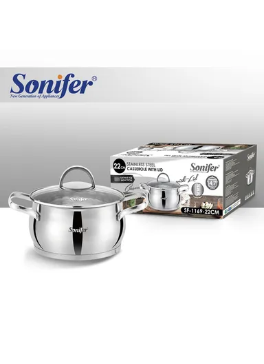 22cm 4.7L Stewpot Non-Stick Coating Stainless Steel Glass Lid, Ergonomic Handle SF-1169