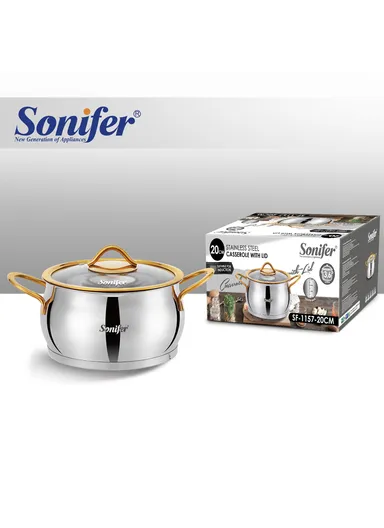 20cm 3.6L Stainless Steel Casserole Energy-Efficient, Glass Lid with Steam Vent SF-1157-20