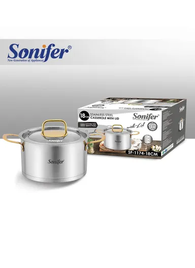 18cm 2.6L Stewpot Non-Stick Coating Stainless Steel Glass Lid, Ergonomic Handle SF-1174