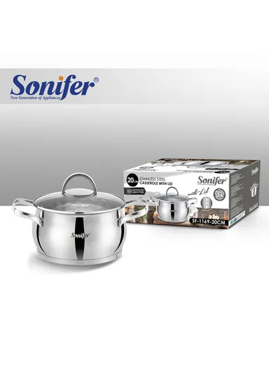 20cm 3.6L Stewpot Non-Stick Coating Stainless Steel Glass Lid, Ergonomic Handle SF-1169