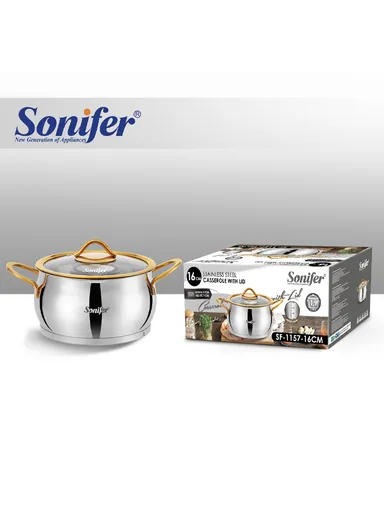 16cm 1.9L Stainless Steel Casserole Energy-Efficient, Glass Lid with Steam Vent SF-1157-16