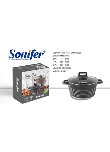 36cm 13L Granite &amp; Stainless Steel Casserole Non-Stick, High-Temperature Cooking with Glass Lid SF-1172-36 - Black