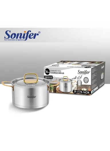 16cm 1.9L Stewpot Non-Stick Coating Stainless Steel Glass Lid, Ergonomic Handle SF-1174