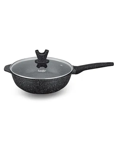 28cm 4.3L Aluminum Non-Stick Fry Pan with Titanium Coating &amp; Heat-Resistant Glass Lid Dishwasher Safe SF-1129-28