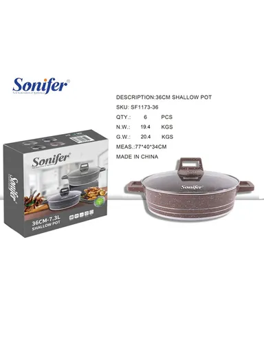 36cm 7.3L Granite Low Casserole Extra-Thick Base, Ceramic Nonstick Coating with Lid SF-1173-36 - Coffee