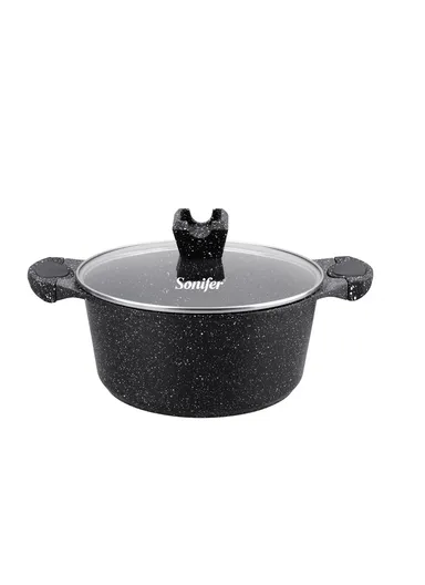 32cm 9.3L Granite &amp; Stainless Steel Casserole Non-Stick, High-Temperature Cooking with Glass Lid SF-1176-32