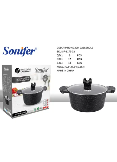 32cm 9.3L Granite &amp; Stainless Steel Casserole Non-Stick, High-Temperature Cooking with Glass Lid SF-1176-32