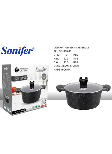 36cm 12.9L Granite &amp; Stainless Steel Casserole Non-Stick, High-Temperature Cooking with Glass Lid SF-1176-36