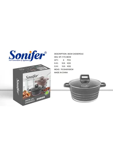 36cm 13L Granite &amp; Stainless Steel Casserole Non-Stick, High-Temperature Cooking with Glass Lid SF-1172-36 - Grey