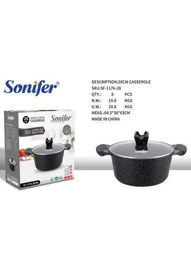 28cm 6.7L Granite &amp; Stainless Steel Casserole Non-Stick, High-Temperature Cooking with Glass Lid SF-1176-28