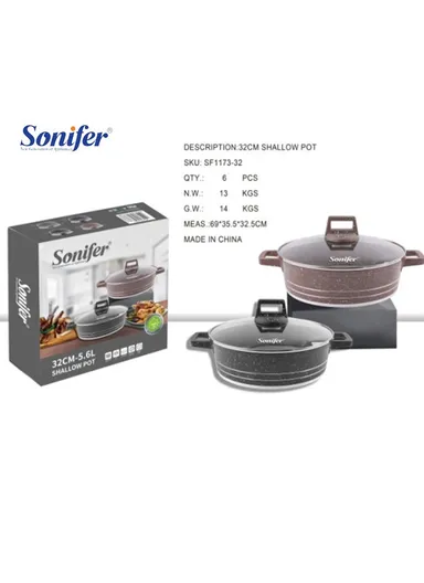 32cm 5.6L Granite Low Casserole Extra-Thick Base, Ceramic Nonstick Coating with Lid SF-1173-32 - Black &amp; Purple