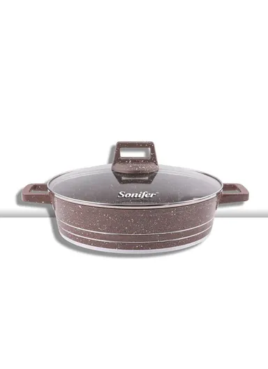 32cm 5.6L Granite Low Casserole Extra-Thick Base, Ceramic Nonstick Coating with Lid SF-1173-32 - Coffee