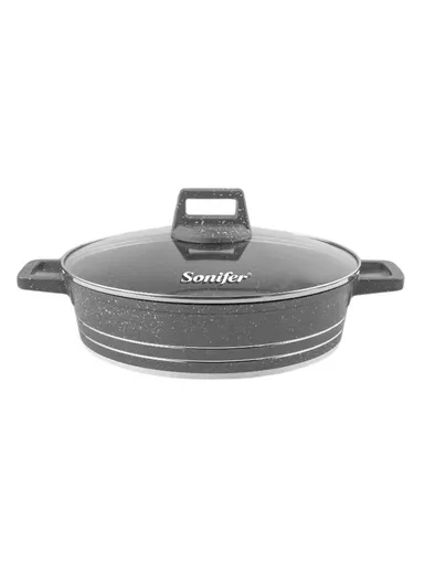 32cm 5.6L Granite Low Casserole Extra-Thick Base, Ceramic Nonstick Coating with Lid SF-1173-32 - Grey