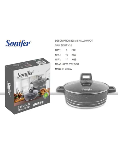 32cm 5.6L Granite Low Casserole Extra-Thick Base, Ceramic Nonstick Coating with Lid SF-1173-32 - Grey