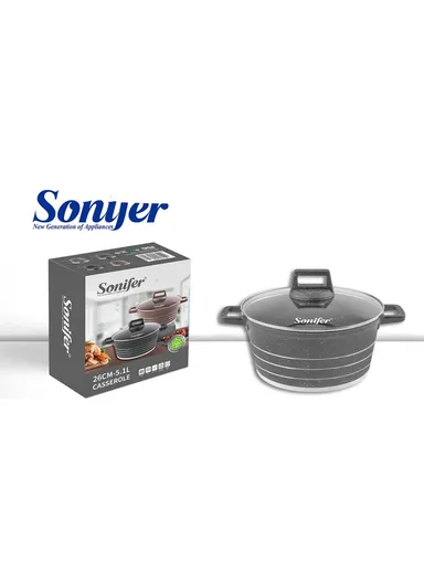 26cm 5.1L Granite &amp; Stainless Steel Casserole Non-Stick, High-Temperature Cooking with Glass Lid SF-1172-26 - Grey