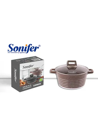 24cm 4.2L Granite &amp; Stainless Steel Casserole Non-Stick, High-Temperature Cooking with Glass Lid SF-1172-24 - Coffee