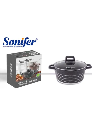 30cm 7.5L Granite &amp; Stainless Steel Casserole Non-Stick, High-Temperature Cooking with Glass Lid SF-1172-30 - Black &amp; Purple