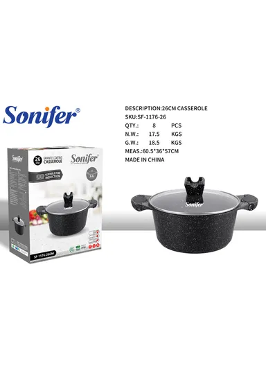 26cm 5.4L Granite &amp; Stainless Steel Casserole Non-Stick, High-Temperature Cooking with Glass Lid SF-1176-26