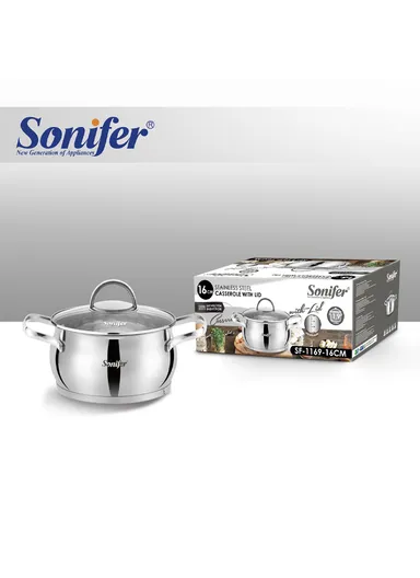 16cm 1.9L Stewpot Non-Stick Coating Stainless Steel Glass Lid, Ergonomic Handle SF-1169