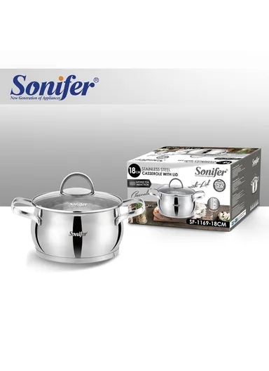 18cm 2.6L Stewpot Non-Stick Coating Stainless Steel Glass Lid, Ergonomic Handle SF-1169