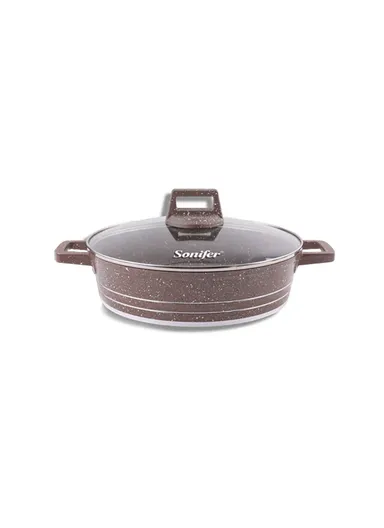 28cm 3.7L Granite Low Casserole Extra-Thick Base, Ceramic Nonstick Coating with Lid SF-1173 - Coffee