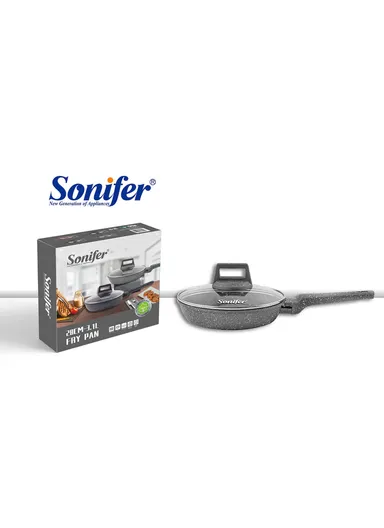 28cm 3.1L Aluminum Non-Stick Fry Pan with Titanium Coating &amp; Heat-Resistant Glass Lid Dishwasher Safe SF-1129-28 - Grey